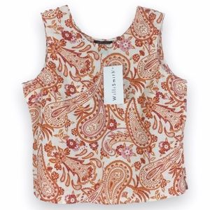 NWT 100%‎ Linen Size Small S Willi Smith Orange Pink Paisley Print Top Shirt